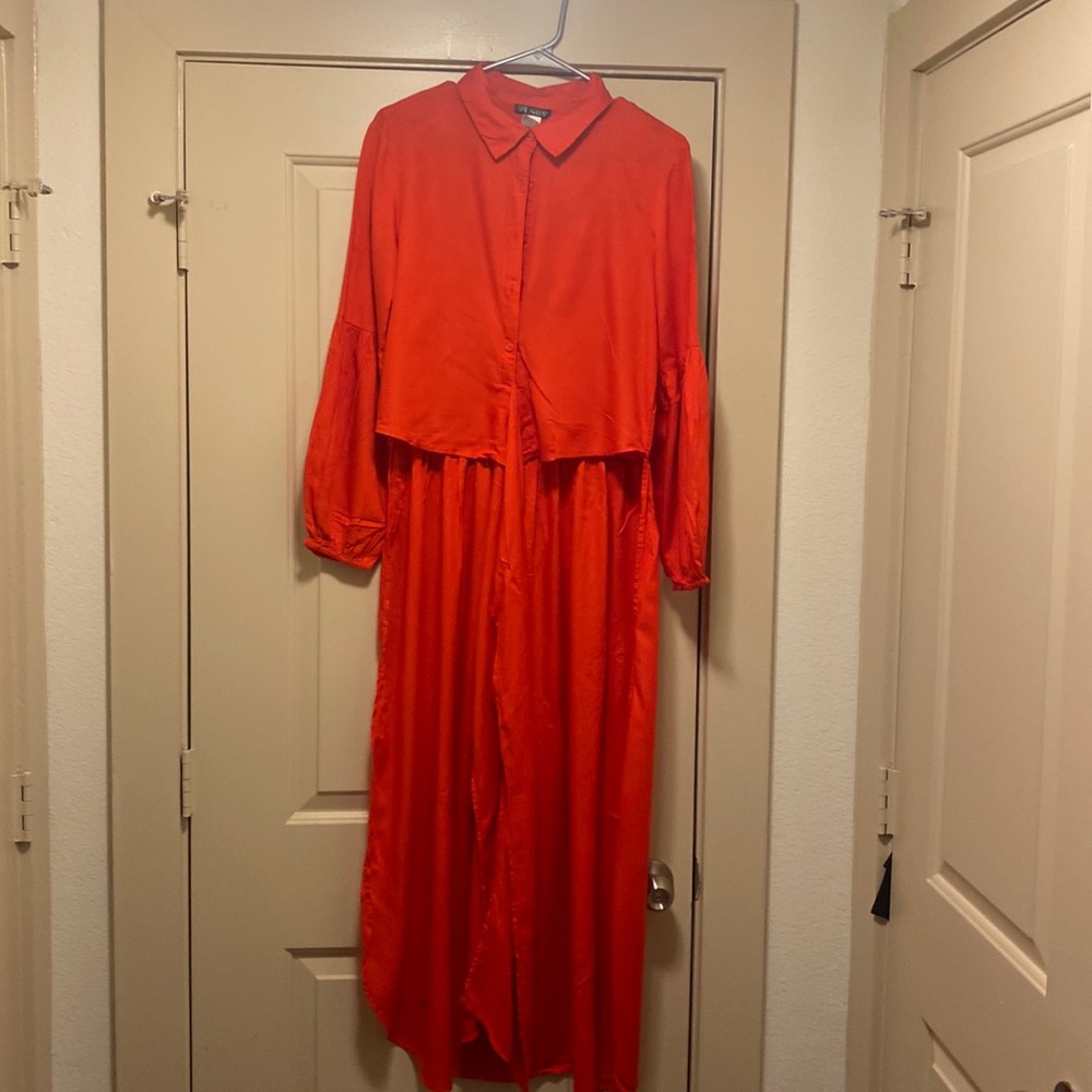 Beautiful, red Venus, high (at the waist) low (to ankle), tie in front blouse.